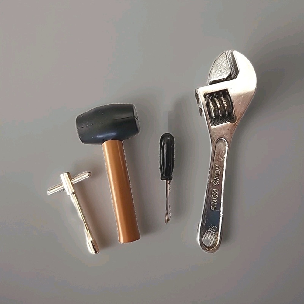 Lot 4 Vintage Miniature Tool Set Rubber Mallet, Wrench, Screwdriver, & Tire Iron
